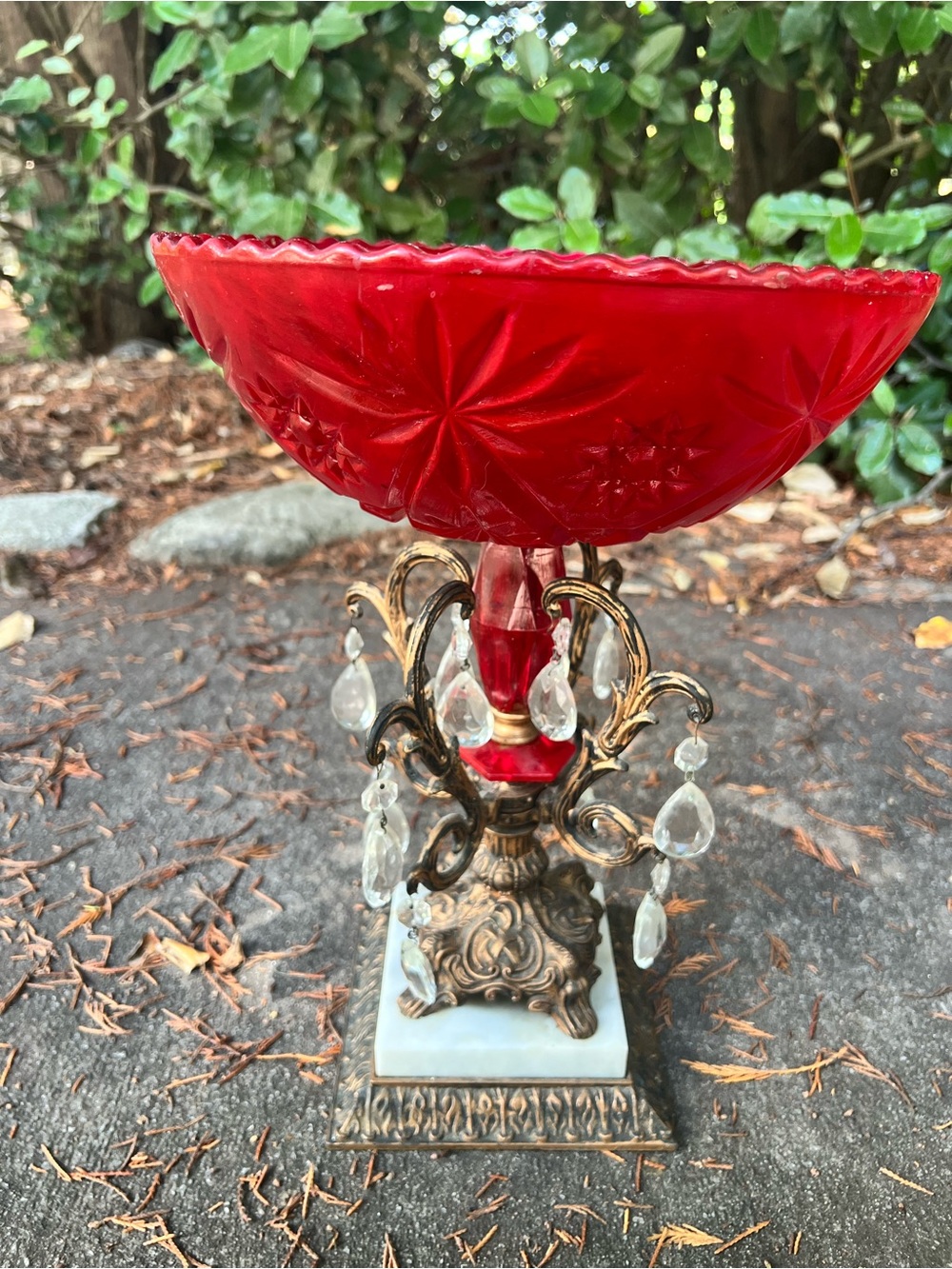 Red Glass Compote Bowl with Ornate Brass and Crystal Accents
